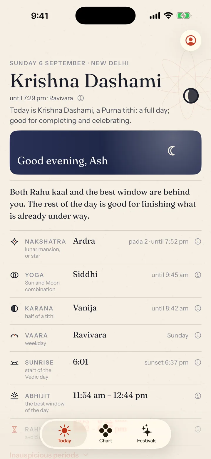 Graha’s Today screen: Krishna Dashami with tonight’s moon, an indigo dawn band reading “Good evening, Ash”, a one-line plan for the day, and hairline rows for nakshatra, yoga, karana, vaara, sunrise and Abhijit, each with a plain gloss.